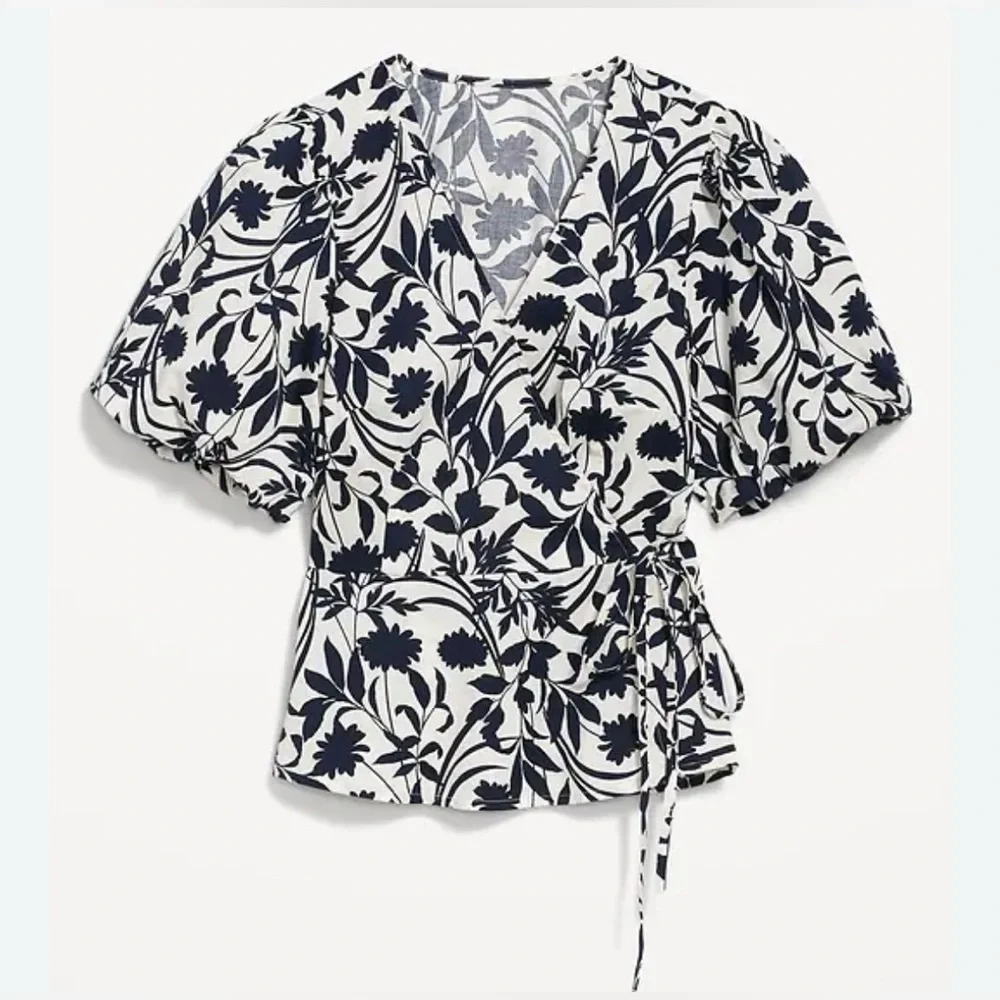 NEW Navy Blue & White Cotton Waist-Defined Puff-Sleeve Tie-Wrap Blouse 3X